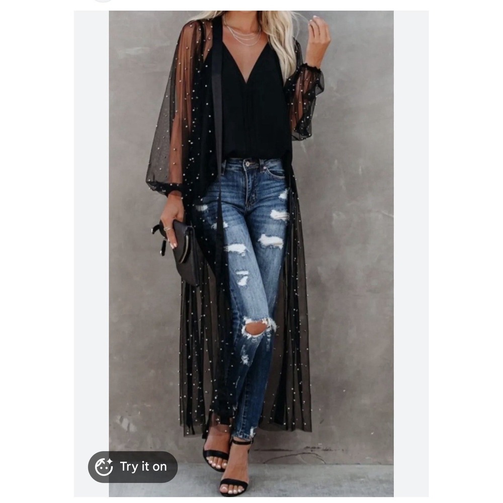 Black Sheer Embellished Tulle Duster Kimona Silver Metallic Beading One Size
